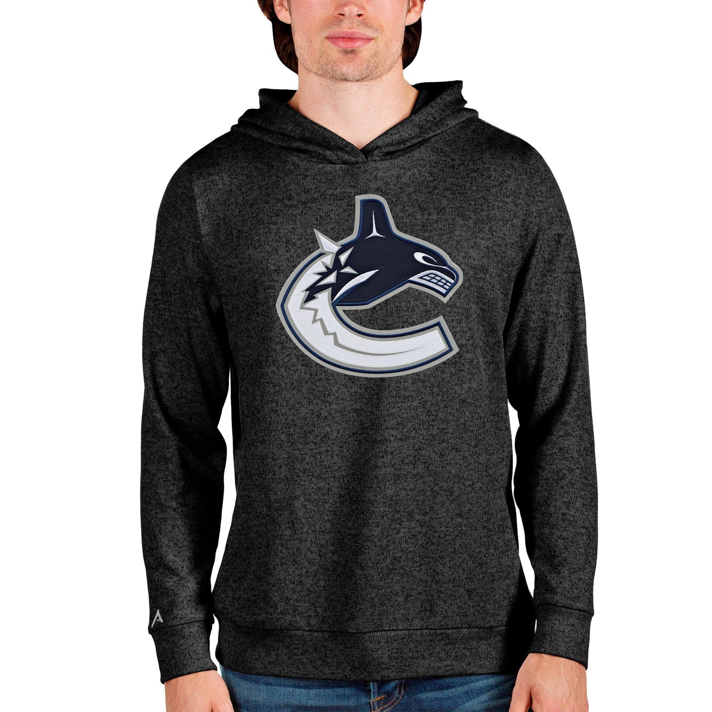 Men's Antigua Heathered Black Vancouver Canucks Absolute Pullover Hoodie