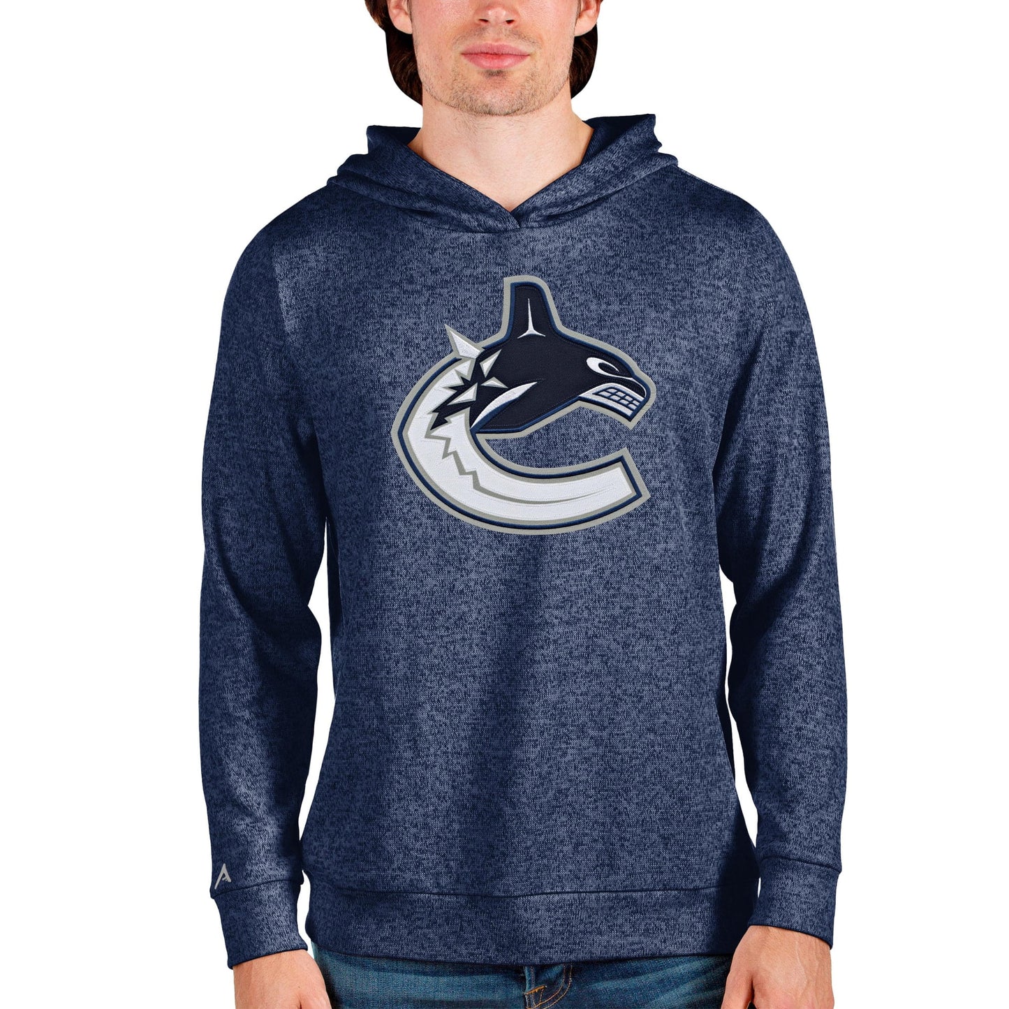 Men's Antigua Heathered Navy Vancouver Canucks Absolute Pullover Hoodie
