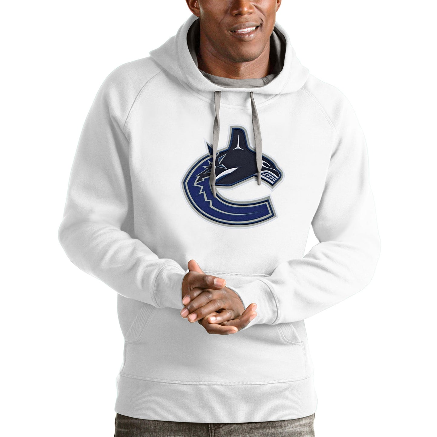 Men's Antigua White Vancouver Canucks Logo Victory Pullover Hoodie