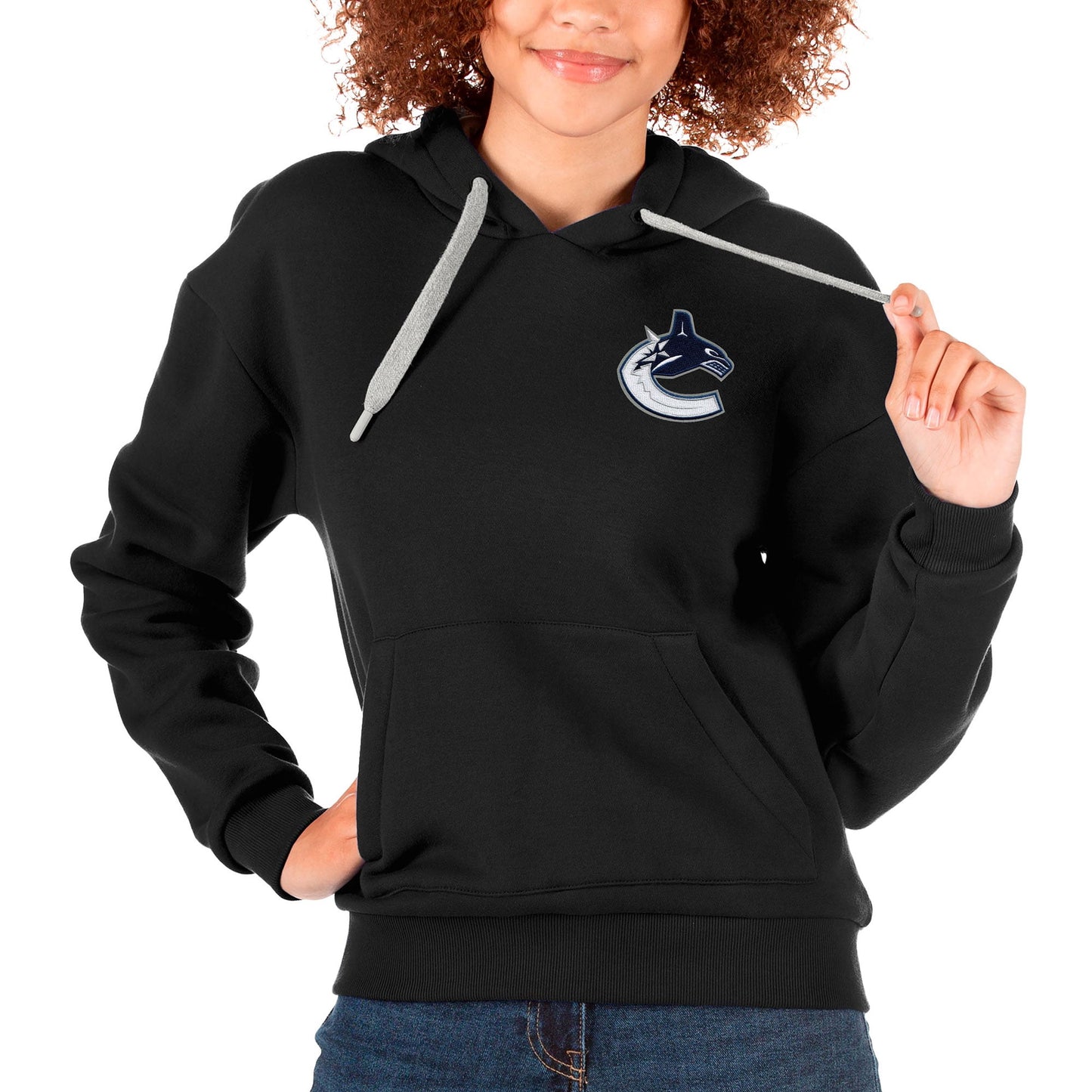 Women's Antigua Black Vancouver Canucks Primary Logo Victory Pullover Hoodie