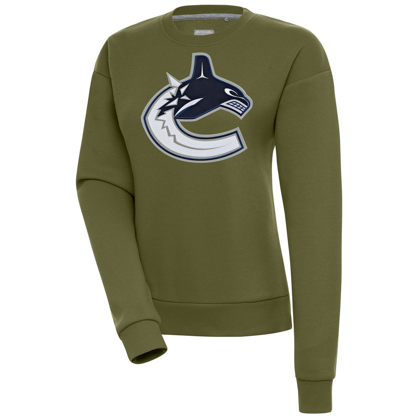 Women's Antigua Olive Vancouver Canucks Victory Pullover Sweatshirt